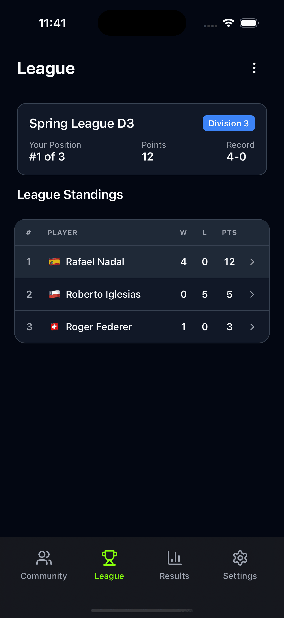 Tenista app screen - Tennis league